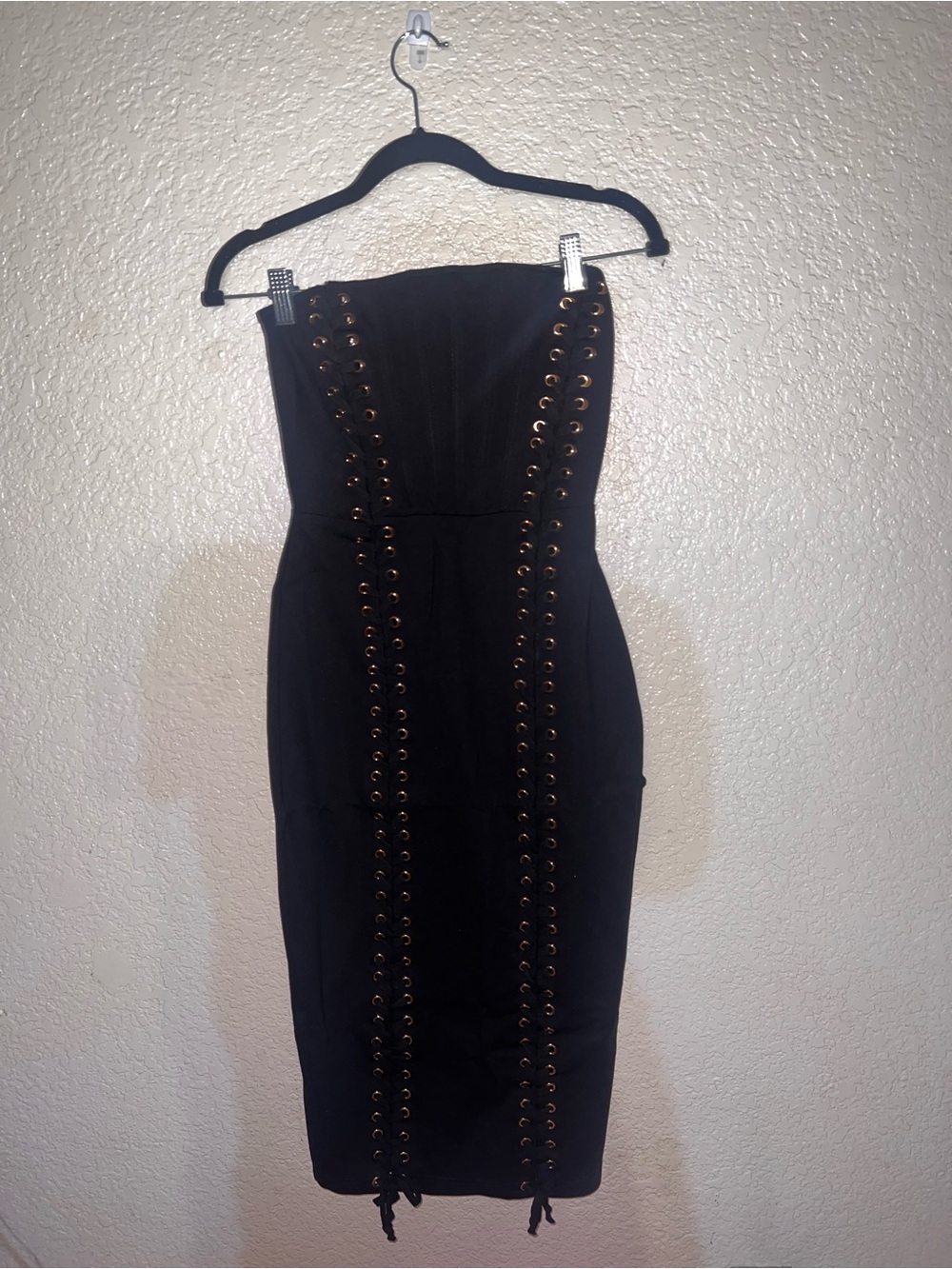 NWT Fashion Nova Black Strapless Midi Dress with Gold Eyelet Lace-Up